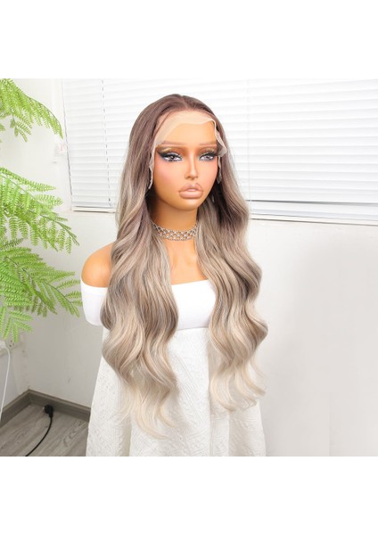 Rus Kumralı Beyaz Platin Ombre ve Röfleli Fiber Sentetik Geniş Dalgalı Tül Peruk modelleri