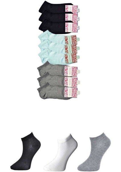 Siyah Gri ve Beyaz Kadın Bilek Çorap 9 Çift