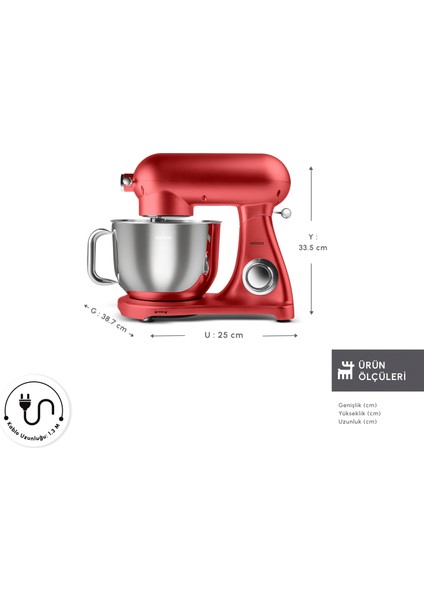 Powercast Chef Döküm Stand Mikser Rudolph Red Mutfak Şefi 1800W 6,2 Lt fiyatları