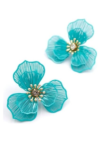 Metal Çiçek Küpe - Turkuaz