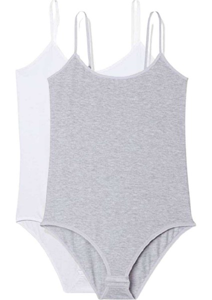 2 Adet Ip Askılı Kadın Çıtçıtlı Body Beyaz ve Gri