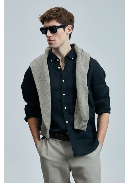 Pitaya Erkek Keten Gömlek Comfort Fit Siyah modelleri