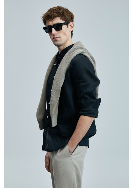 Pitaya Erkek Keten Gömlek Comfort Fit Siyah fırsatları