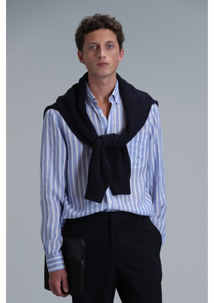 London Erkek Keten Gömlek Regular Fit Mavi indirimleri