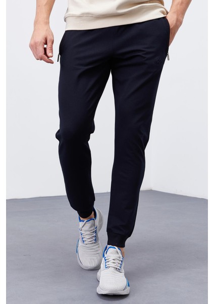 Lacivert Fermuar Cepli Dar Kalıp Jogger Erkek Eşofman Alt - 84343