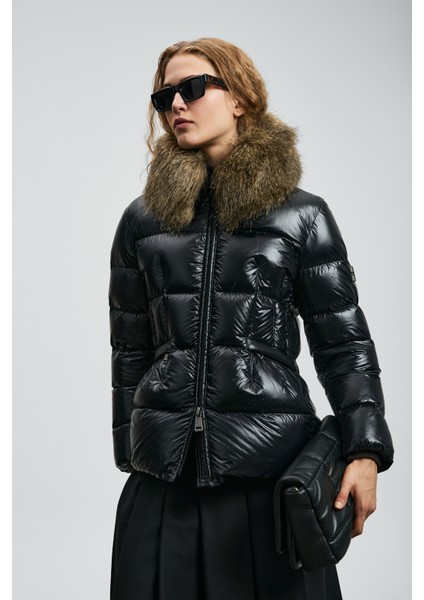 Klemantın Kaz Tüyü Kadın Mont Siyah