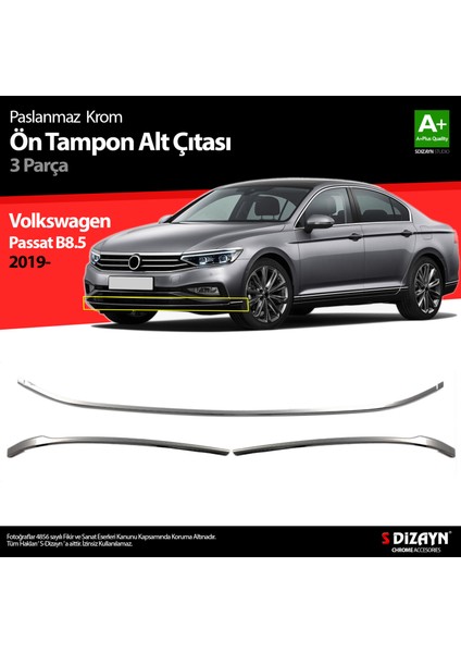 VW Passat B8.5 Krom Ön Tampon Alt Çıtası 3 Parça 2019-2023