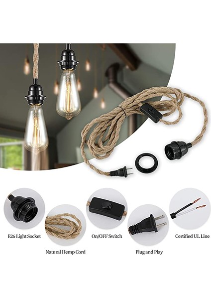 Kolye Işık Kablosu, Switch Flug ile Asma Işık Kiti, 15FT Jüt Halat Asma Lamba, Endüstriyel Kolye Işık Set-Abd Fiş (Yurt Dışından) modelleri