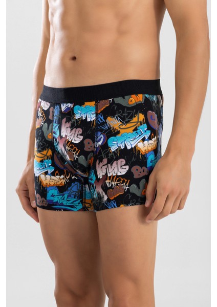 Erkek Desenli Likralı Pamuklu Desenli Boxer 1420 Siyah