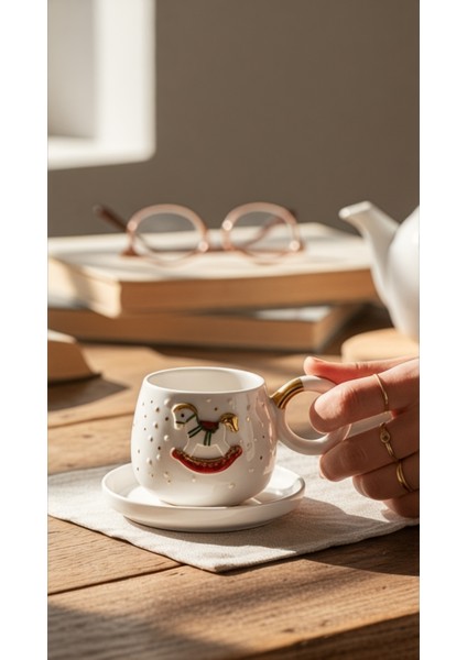 24K Altın Süslemeli El Yapımı Atlı Karınca, Yılbaşı, Yeni Yıl, Kış ve Kar Temalı Seramik Mug Hediye