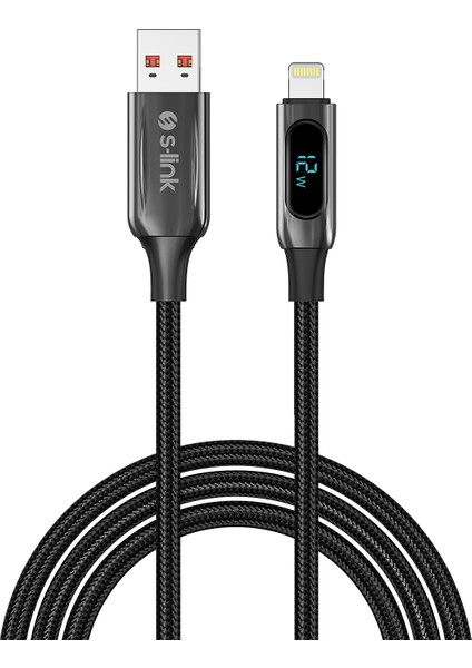 Armor LED UL-012 12W 1m USB To Lightning Pd Örgülü LED Başlıklı Siyah Hızlı Şarj Kablosu