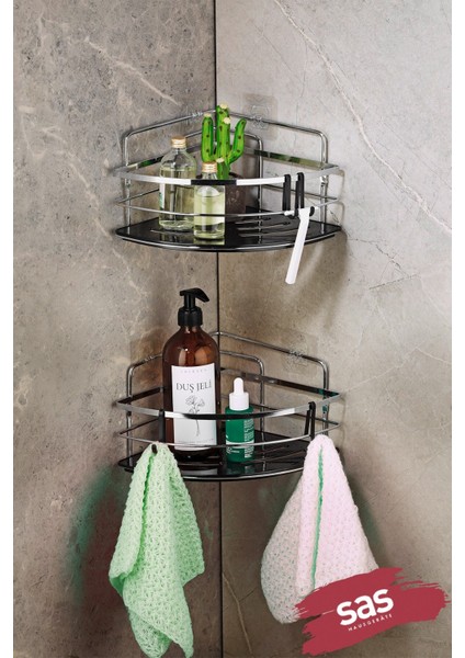 2’li Kancalı Yapışkanlı Banyo Duş Köşe Rafı, Ayarlanabilir Kristal Tasarım
