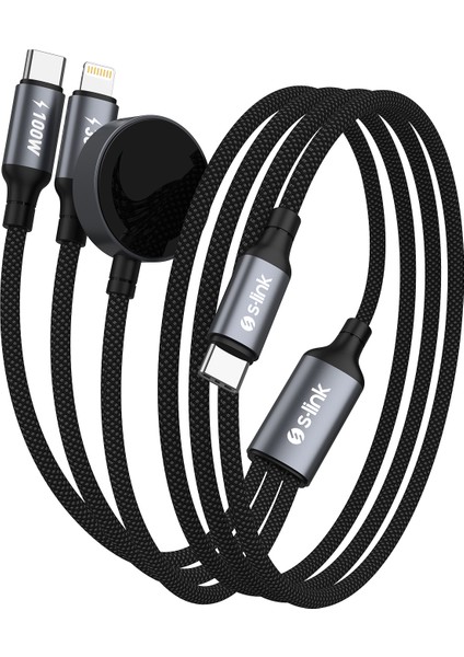 Armor Clw-01 100W 1.2m Type-C To Type-C Lightning - Watch Metal Başlıklı 3in 1 Örgülü Siyah H indirimleri