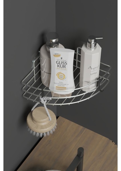 Krom Metal Köşe Banyo Rafı, Duş Şampuanlık, Yapışkanlı Düzenleyici 20X20X7 cm
