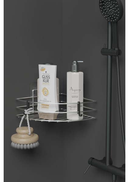 Krom Metal Köşe Banyo Rafı, Duş Şampuanlık, Yapışkanlı Düzenleyici 20X20X7 cm indirimleri