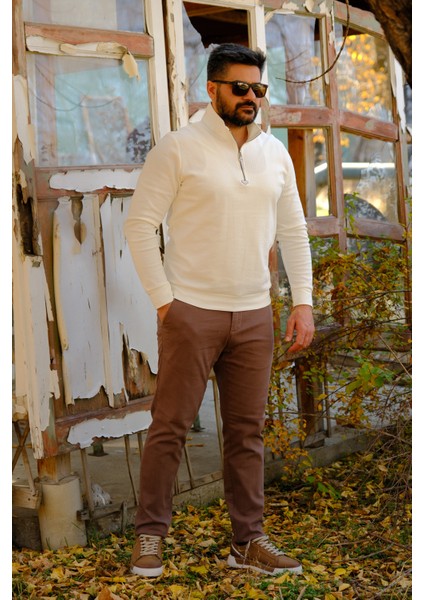 Erkek Yarım Fermuarlı Sweatshirt Ekru