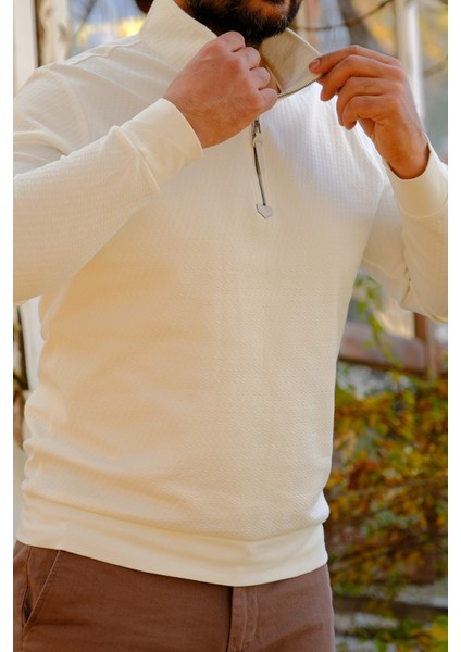 Erkek Yarım Fermuarlı Sweatshirt Ekru