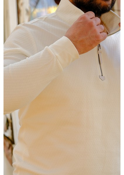 Erkek Yarım Fermuarlı Sweatshirt Ekru