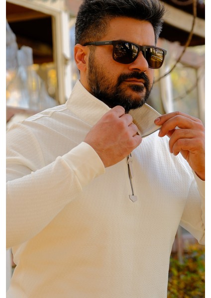 Erkek Yarım Fermuarlı Sweatshirt Ekru