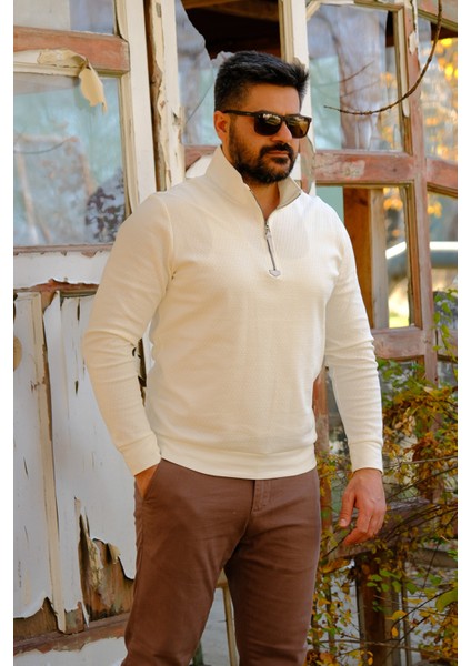 Erkek Yarım Fermuarlı Sweatshirt Ekru