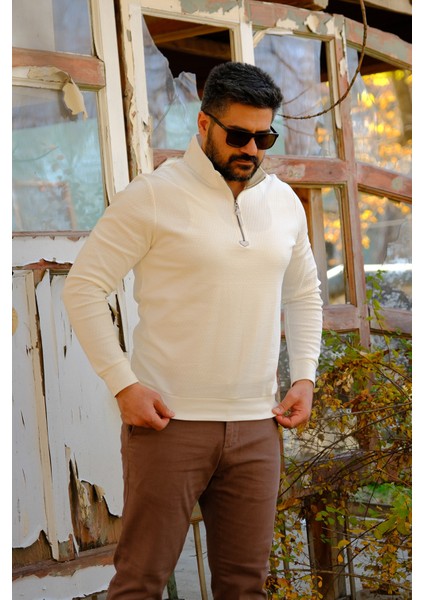 Erkek Yarım Fermuarlı Sweatshirt Ekru