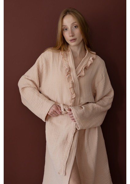 Liva 4 Katlı Fırfırlı Kadın Bornoz Pudra fırsatları