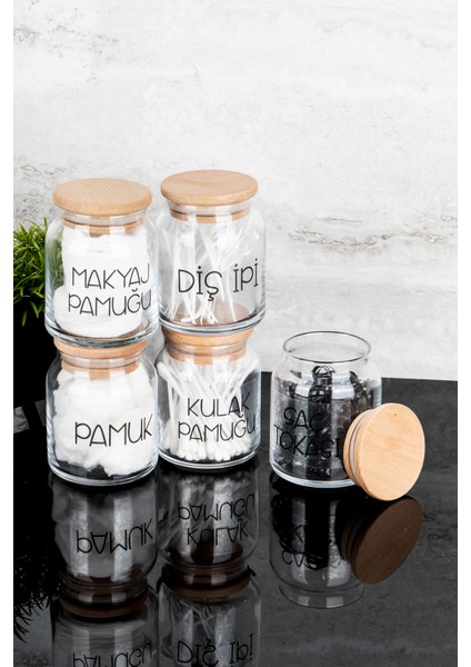 5'li Ahşap Kapaklı Banyo Pamuk Seti Cam Etiketli Makyaj ve Temizlik Malzemeleri