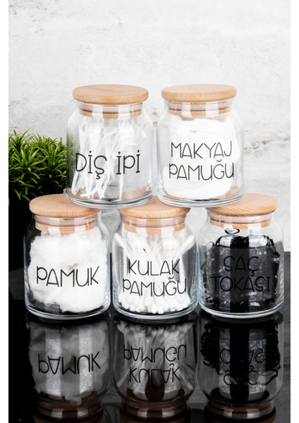 5'li Ahşap Kapaklı Banyo Pamuk Seti Cam Etiketli Makyaj ve Temizlik Malzemeleri fiyatları