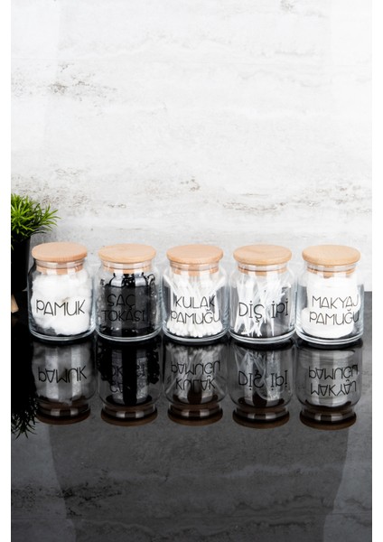 5'li Ahşap Kapaklı Banyo Pamuk Seti Cam Etiketli Makyaj ve Temizlik Malzemeleri modelleri