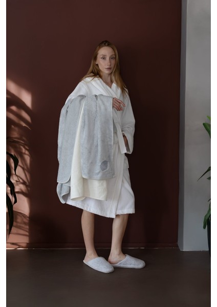 Miro %100 Pamuk Kadın Bornoz Ekru