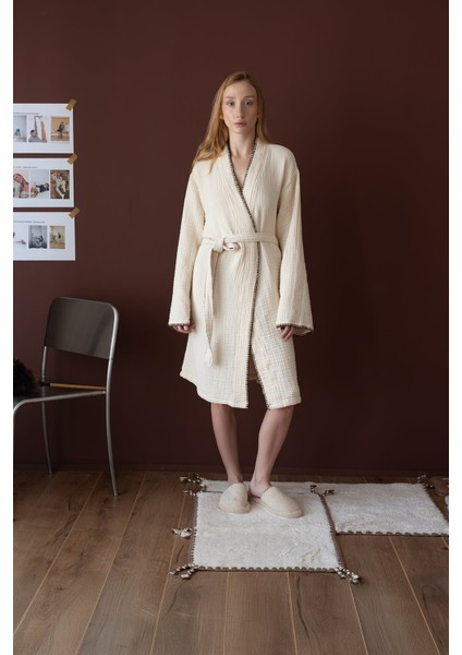 Loom 4 Katlı Çoban Dikşili Kadın Bornoz Kum Bej