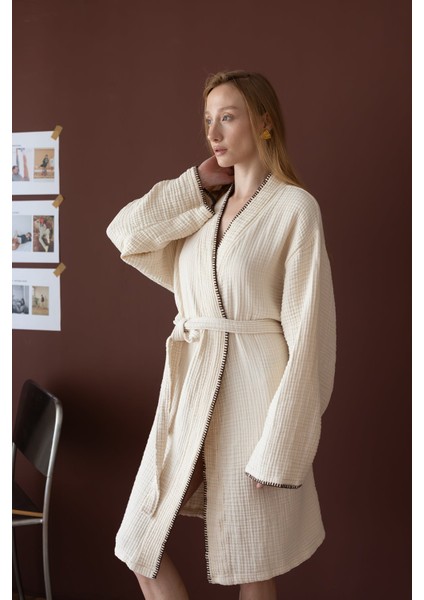 Loom 4 Katlı Çoban Dikşili Kadın Bornoz Kum Bej