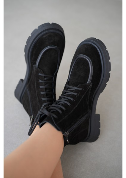 Nivora Hakiki Deri Bağcıklı ve Yandan Fermuarlı Kadın Bot- Siyah Süet fiyatları