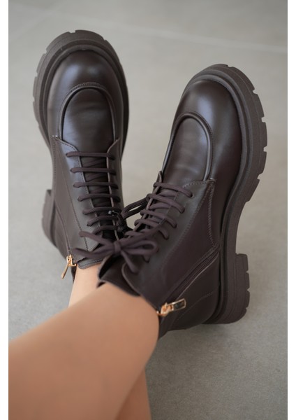 Nivora Hakiki Deri Bağcıklı ve Yandan Fermuarlı Kadın Bot- Kahverengi