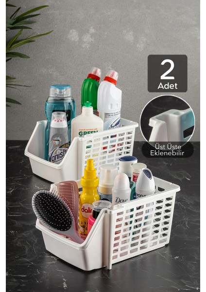 2 Adet Beyaz Üst Üste Eklenebilen Banyo ve Mutfak Rafı Seti