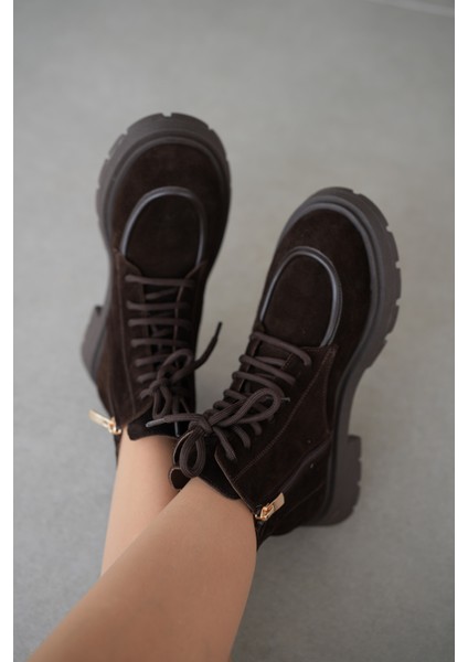 Nivora Hakiki Deri Bağcıklı ve Yandan Fermuarlı Kadın Bot- Kahve Süet