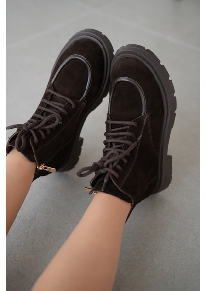 Nivora Hakiki Deri Bağcıklı ve Yandan Fermuarlı Kadın Bot- Kahve Süet fiyatları