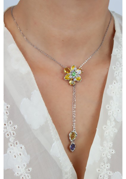 Kristal Taşlı Çiçek Figür Asansör Çelik Kolye fiyatları