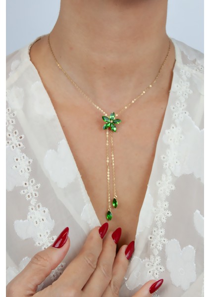 Kristal Taşlı Çiçek Figür Asansör Çelik Kolye