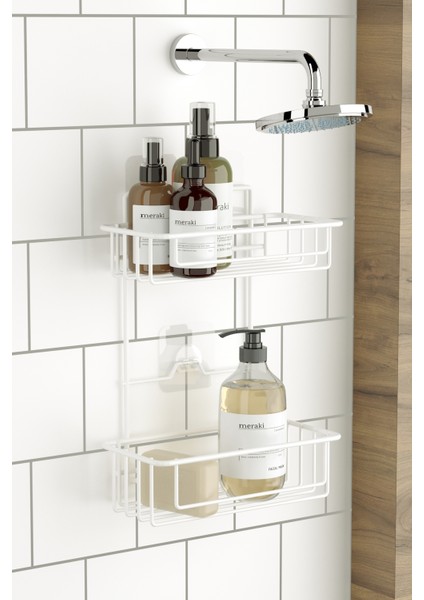 2 Katlı Yapışkanlı Banyo Duş Rafı Beyaz, Şampuanlık ve Düzenleyici Seti