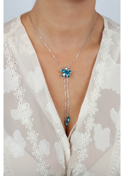 Kristal Taşlı Çiçek Figür Asansör Çelik Kolye