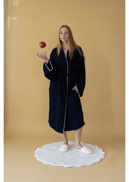 Loom 4 Katlı Çoban Dikşili Kadın Bornoz Lacivert