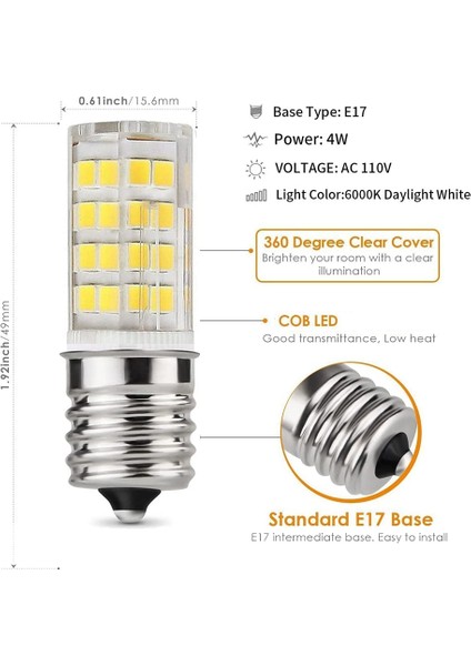 2 Paket 4W Dimmable LED E17 Mikrodalga Fırın Ampul, Gün Işığı 6000K 40W Halojen Eşdeğer Işık, Seramik E17 LED Ampul (Yurt Dışından) fiyatları