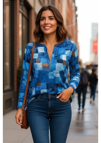 Meğdaix Kadın Uzun Kollu Yakadan Fermuarlı Kot Görünüm Desenli Uzun Modal Bluz