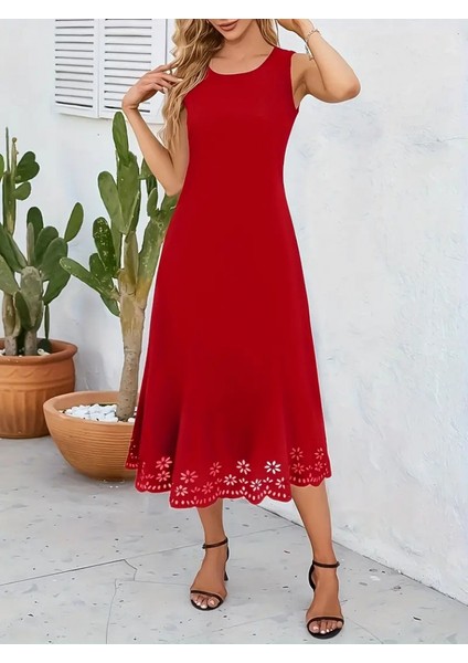 Meğdaix Kadın Kolsuz Etek Ucu Lazer Kesim Çiçek Desenli Midi Boy Ithal Krep Elbise modelleri