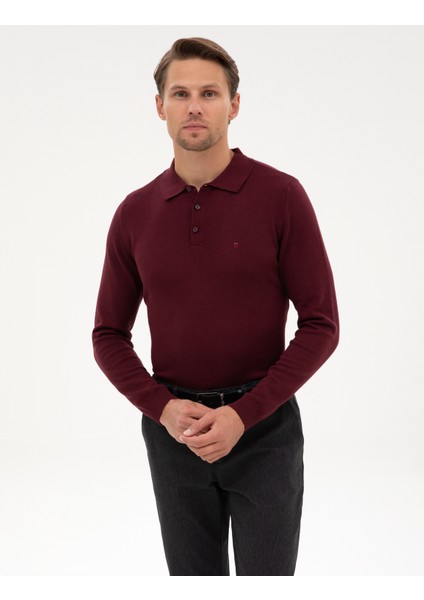 Erkek Bordo Slim Fit Polo Yaka Basic Triko Kazak 50315405-VR177