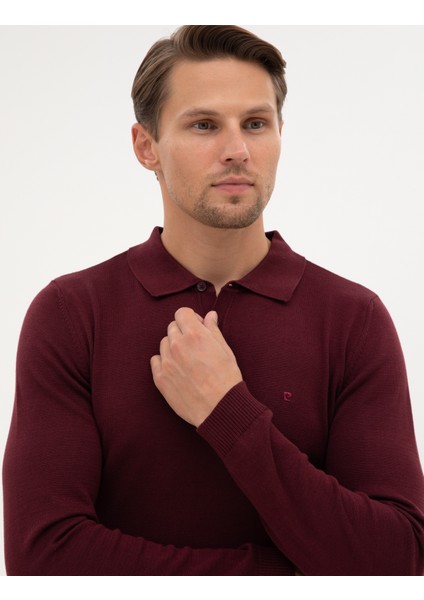 Erkek Bordo Slim Fit Polo Yaka Basic Triko Kazak 50315405-VR177 fiyatları