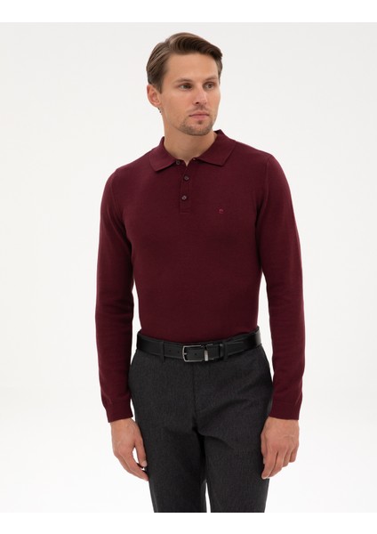 Erkek Bordo Slim Fit Polo Yaka Basic Triko Kazak 50315405-VR177 modelleri