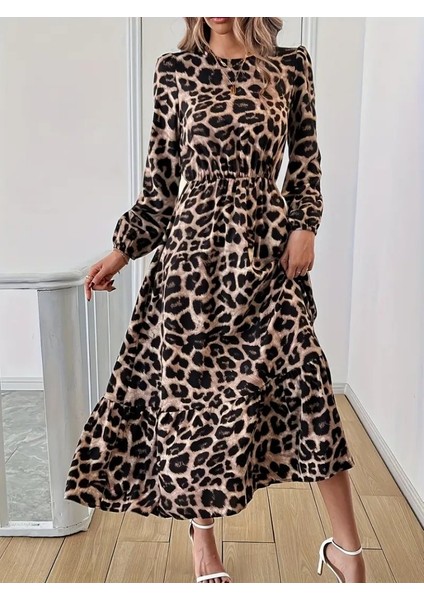 Meğdaix Uzun Kollu Bisiklet Yaka Leopar Desenli Midi Süprem Elbise