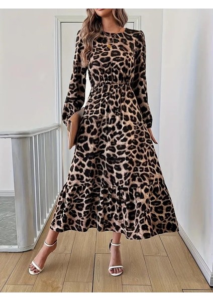 Meğdaix Uzun Kollu Bisiklet Yaka Leopar Desenli Midi Süprem Elbise fiyatları